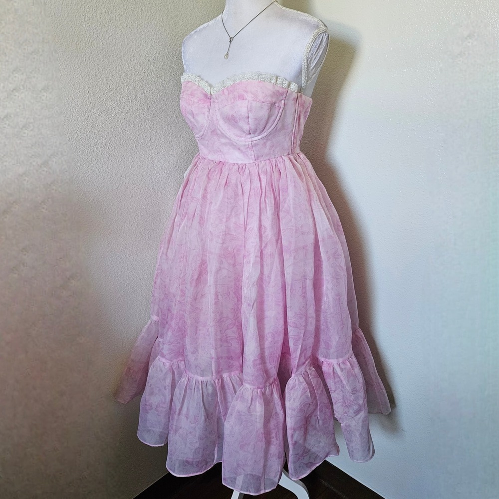 Selkie Pink Toile Organza Strapless 
Midi Dress NWT